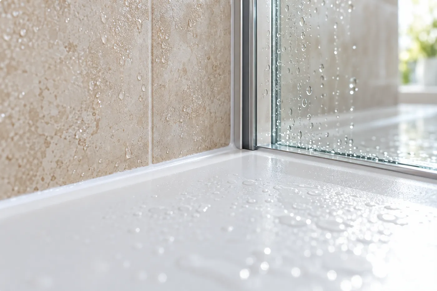 Joint silicone neuf entre un receveur de douche extra-plat et le carrelage, finition d'une salle de bain dans la boucle de la Marne