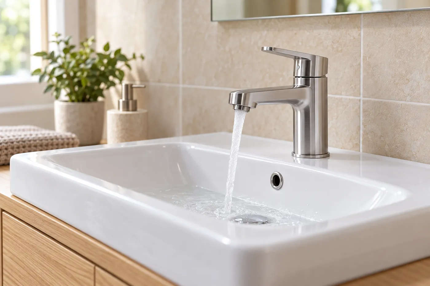 Mitigeur de lavabo neuf posé sur une vasque blanche et un meuble en chêne dans une salle de bain du Val-de-Marne