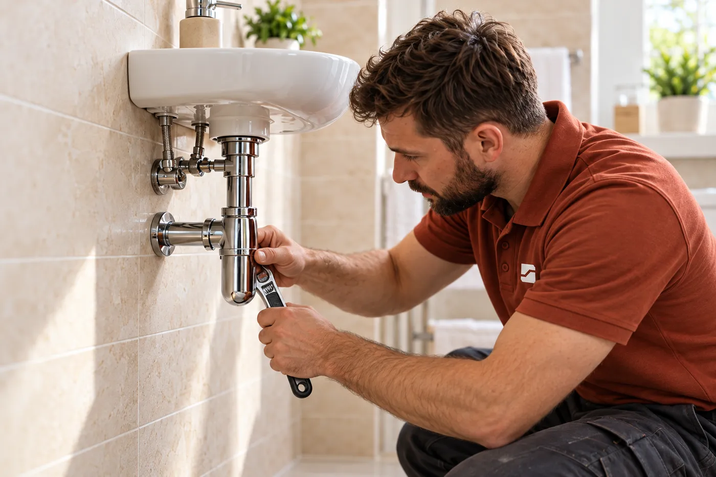 Plombier de l'équipe Saint-Maur-des-Fossés Prompt resserrant le siphon chromé d'un lavabo dans une salle de bain de Saint-Maur-des-Fossés (94100)