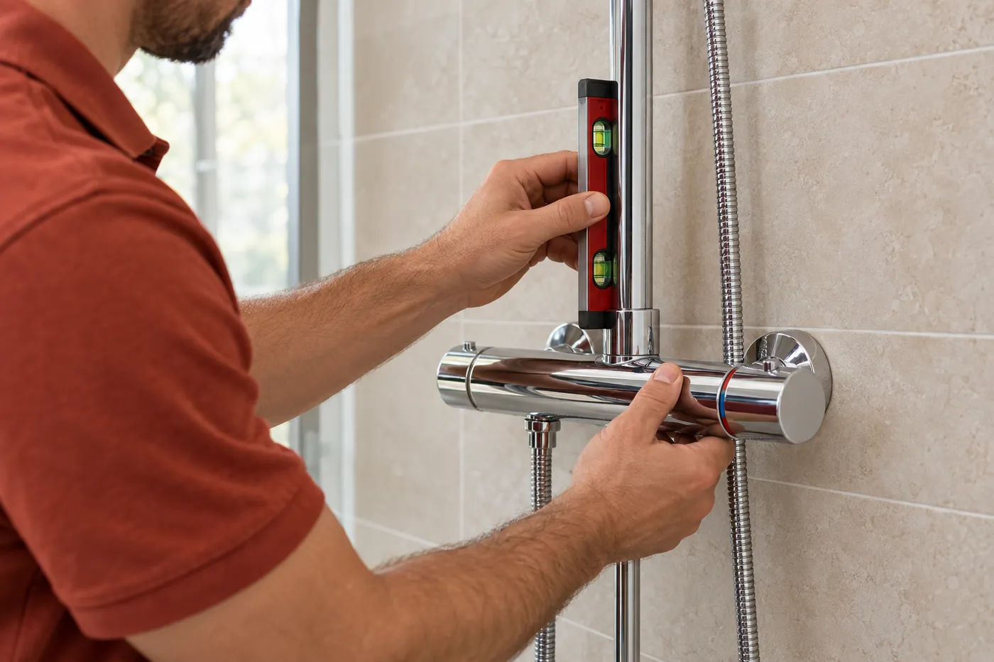 Plombier fixant une colonne de douche thermostatique sur un mur carrelé lors d'une rénovation de salle de bain