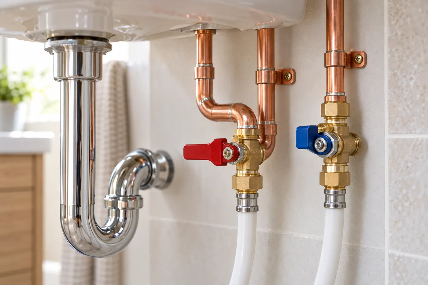 Raccords cuivre et PER avec vannes d'arrêt neufs sous un lavabo lors d'une rénovation de salle de bain à Saint-Maur-des-Fossés