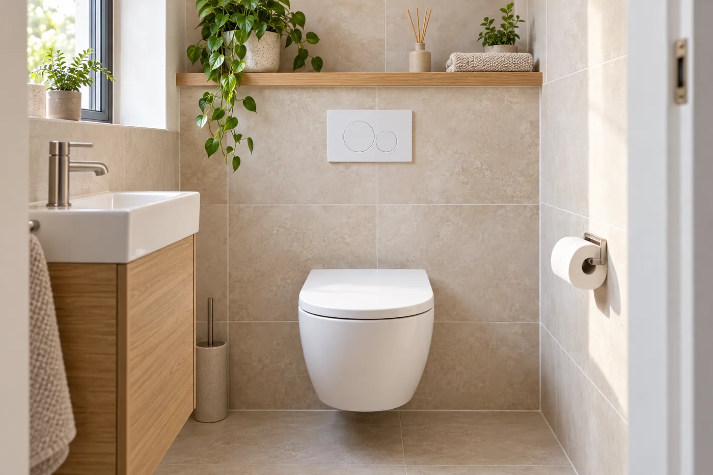 WC suspendu sur bâti-support et plaque de commande posés dans une salle de bain